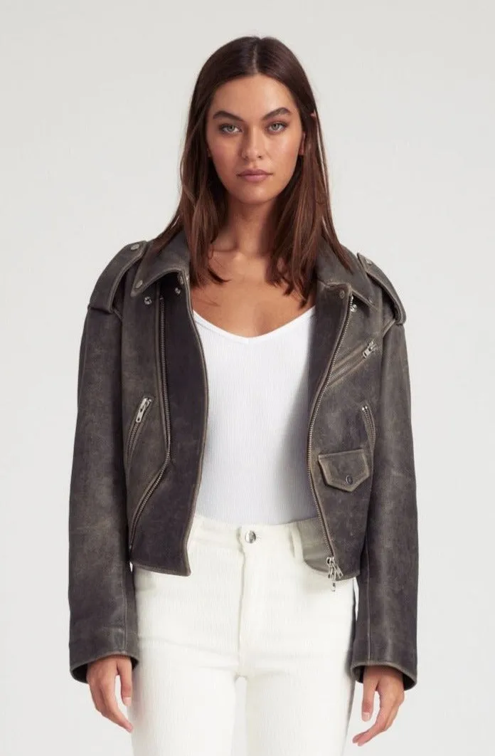 Grey Leather Biker Jacket