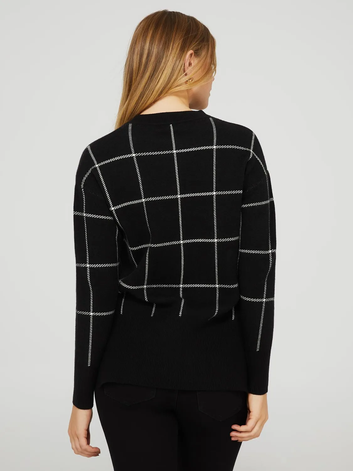 Grid Print Crew Neck Sweater