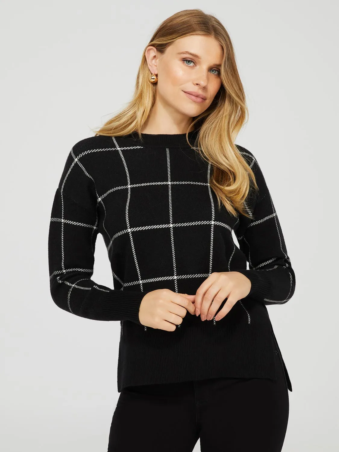 Grid Print Crew Neck Sweater