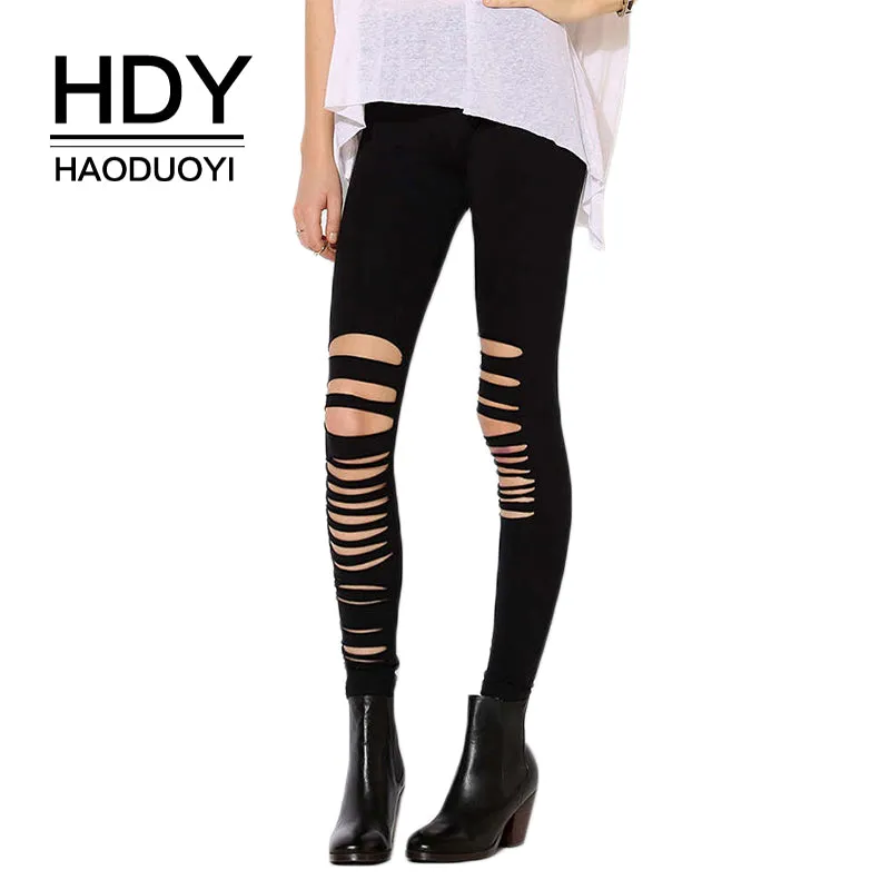 HDY Haoduoyi Brand 2018 Solid Black Leggings Women Hollow Out Asymmetric Sexy Women Bottoms Slim Casual Leggings for Women