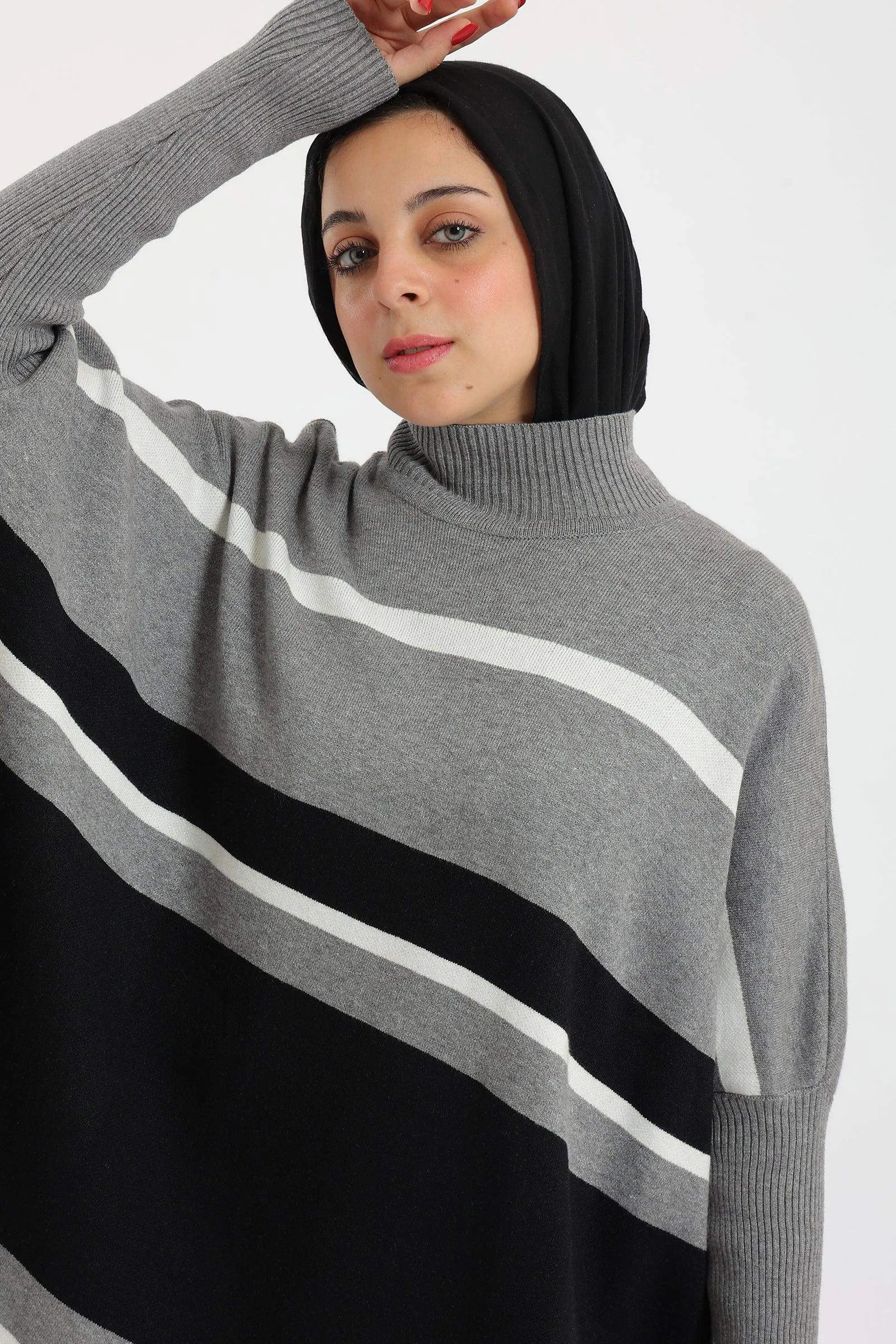 High Neck Striped Poncho