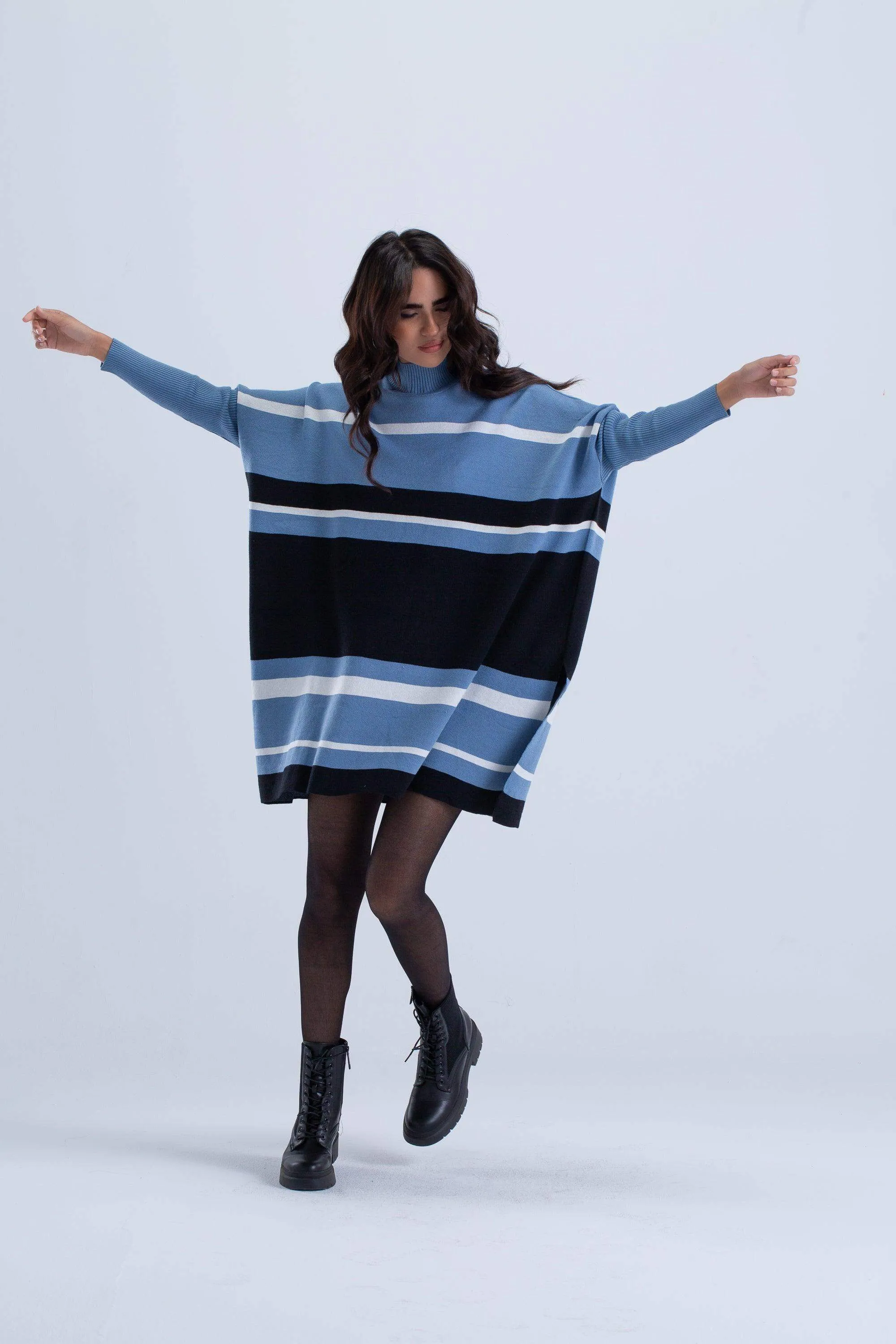 High Neck Striped Poncho