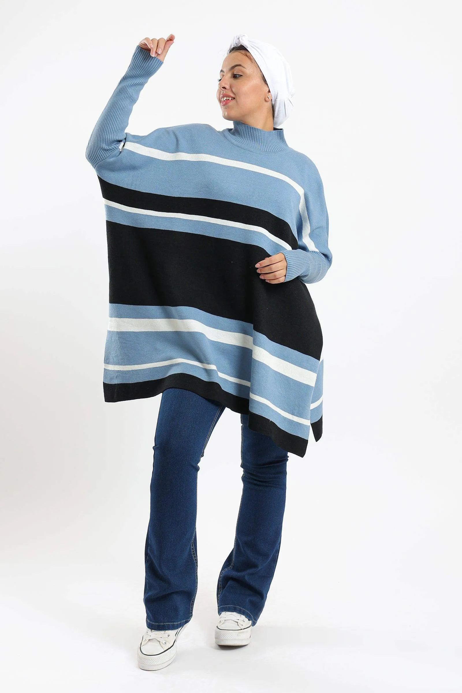 High Neck Striped Poncho