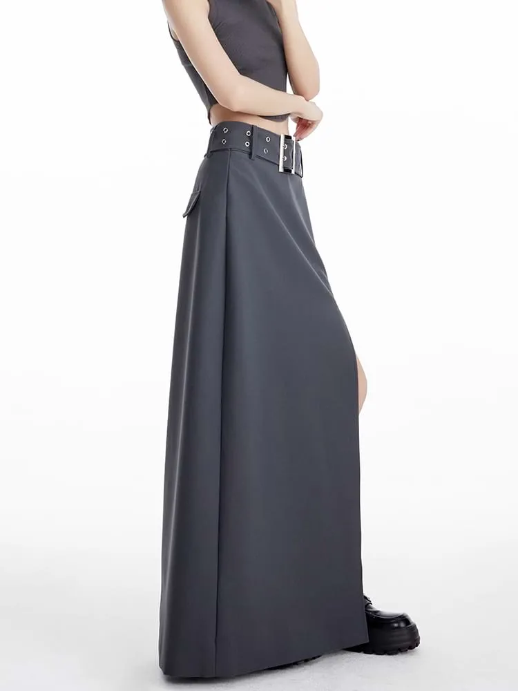 High Slit Maxi Skirt with Belt