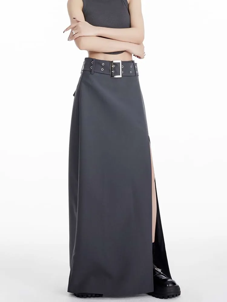 High Slit Maxi Skirt with Belt