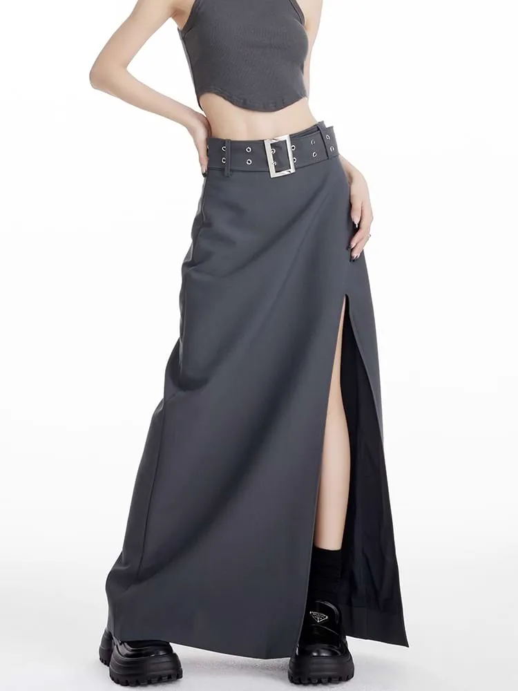 High Slit Maxi Skirt with Belt