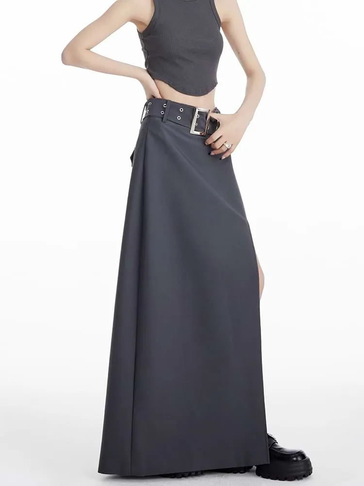 High Slit Maxi Skirt with Belt