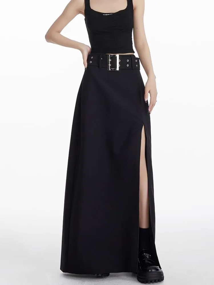 High Slit Maxi Skirt with Belt