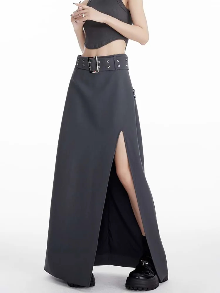 High Slit Maxi Skirt with Belt