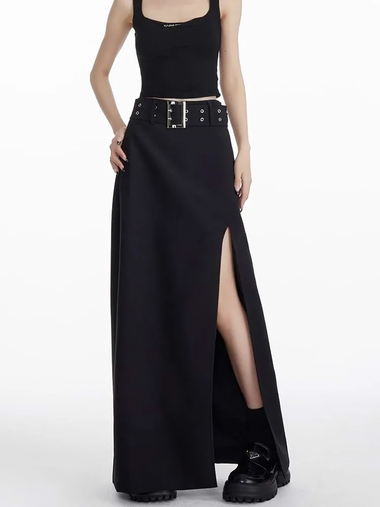 High Slit Maxi Skirt with Belt