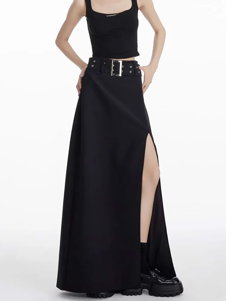 High Slit Maxi Skirt with Belt