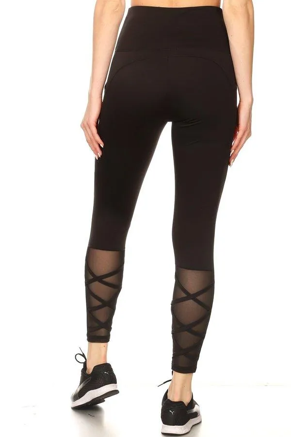 High Waist Tummy Control Sports Leggings With Pockets & Mesh Panels With Crossed Straps - Black