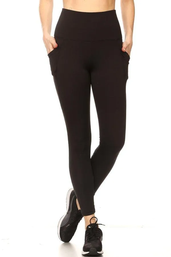 High Waist Tummy Control Sports Leggings With Pockets & Mesh Panels With Crossed Straps - Black