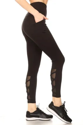 High Waist Tummy Control Sports Leggings With Pockets & Mesh Panels With Crossed Straps - Black