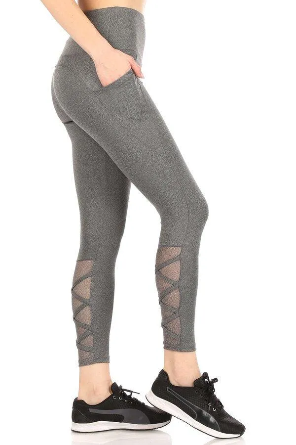 High Waist Tummy Control Sports Leggings With Pockets & Mesh Panels With Crossed Straps - Dark Heather Grey