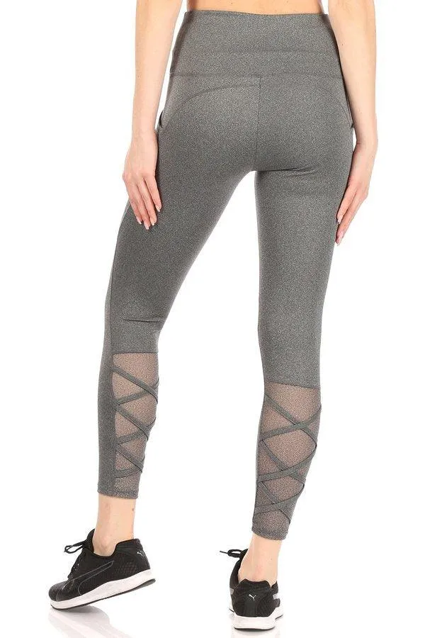 High Waist Tummy Control Sports Leggings With Pockets & Mesh Panels With Crossed Straps - Dark Heather Grey