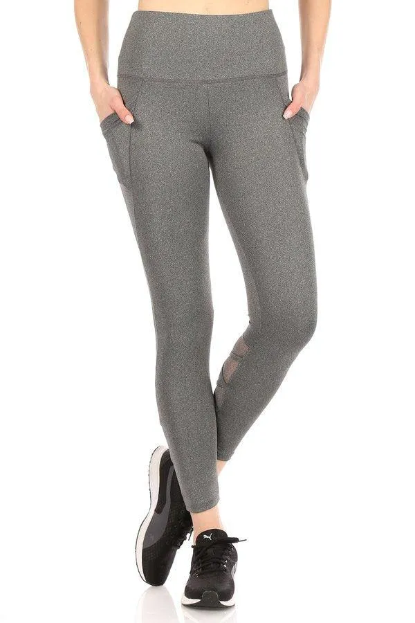 High Waist Tummy Control Sports Leggings With Pockets & Mesh Panels With Crossed Straps - Dark Heather Grey