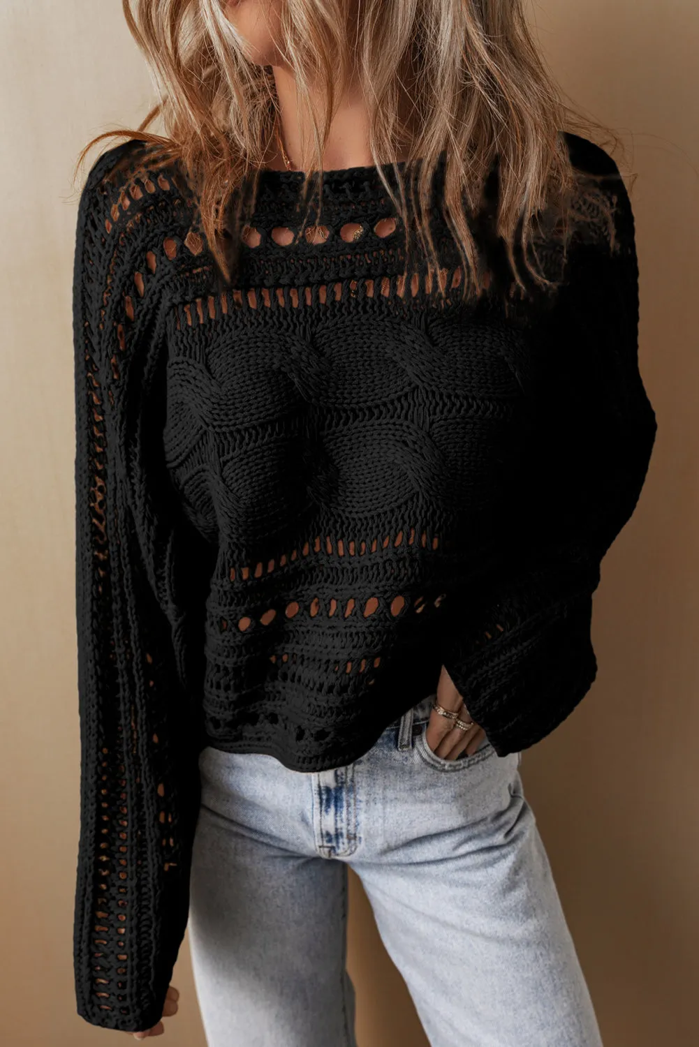 Hollow-out Cable Knit Cropped Sweater