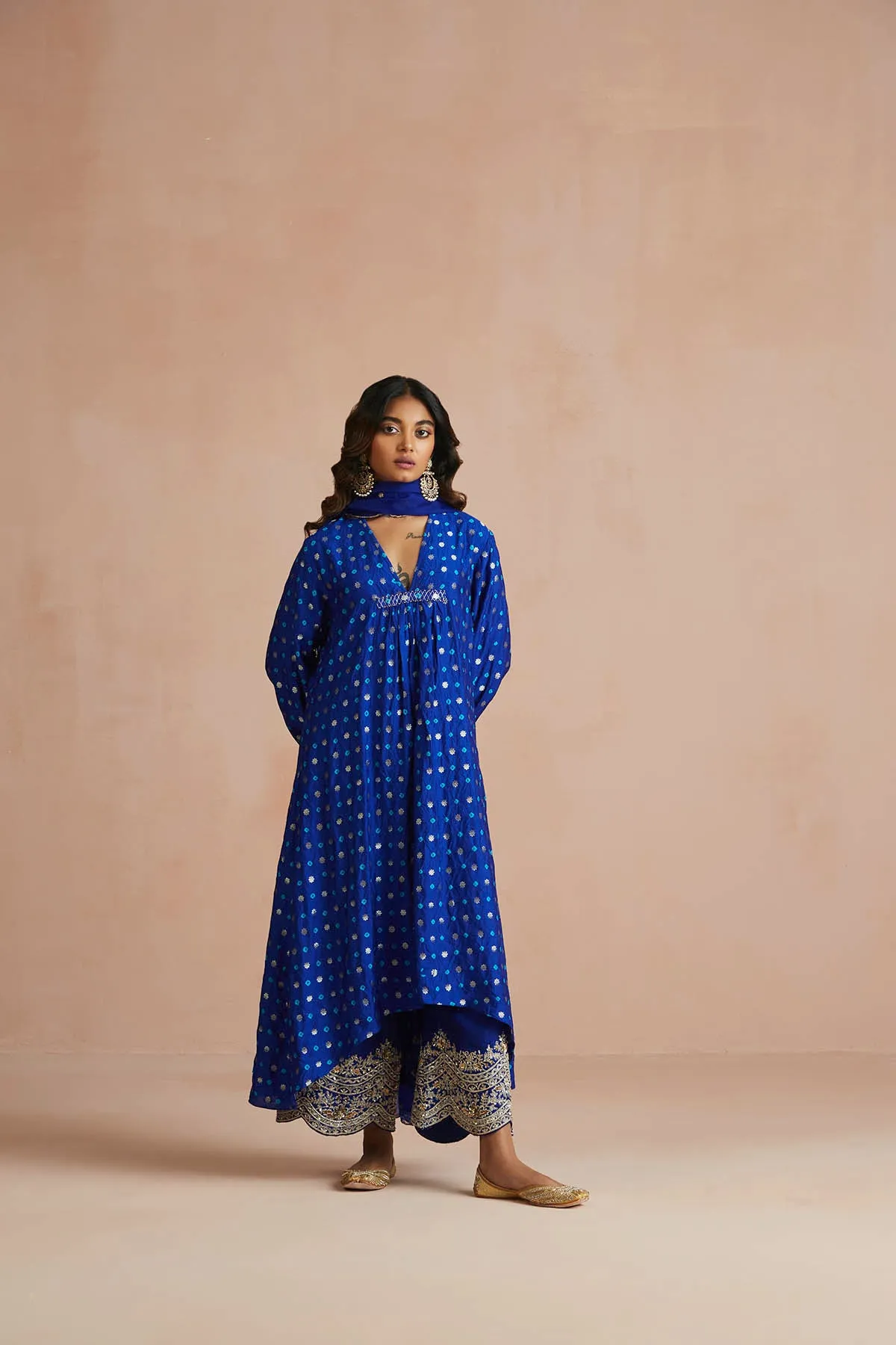 Ink Blue Asymmetrical Bandhani Kurta Set