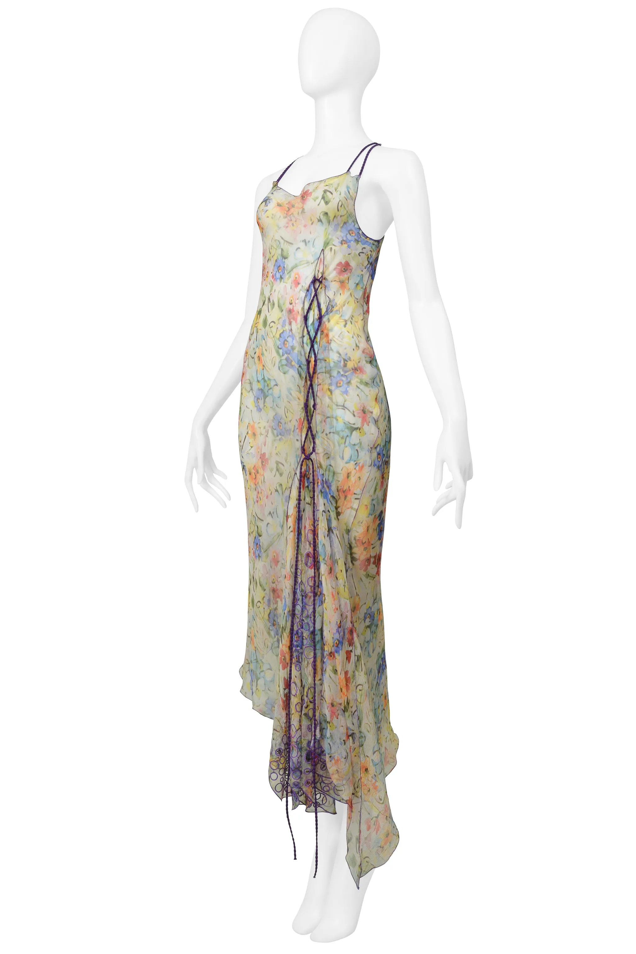 JEAN PAUL GAULTIER CHIFFON FLORAL SLIP DRESS WITH PURPLE CORDS SS 2006