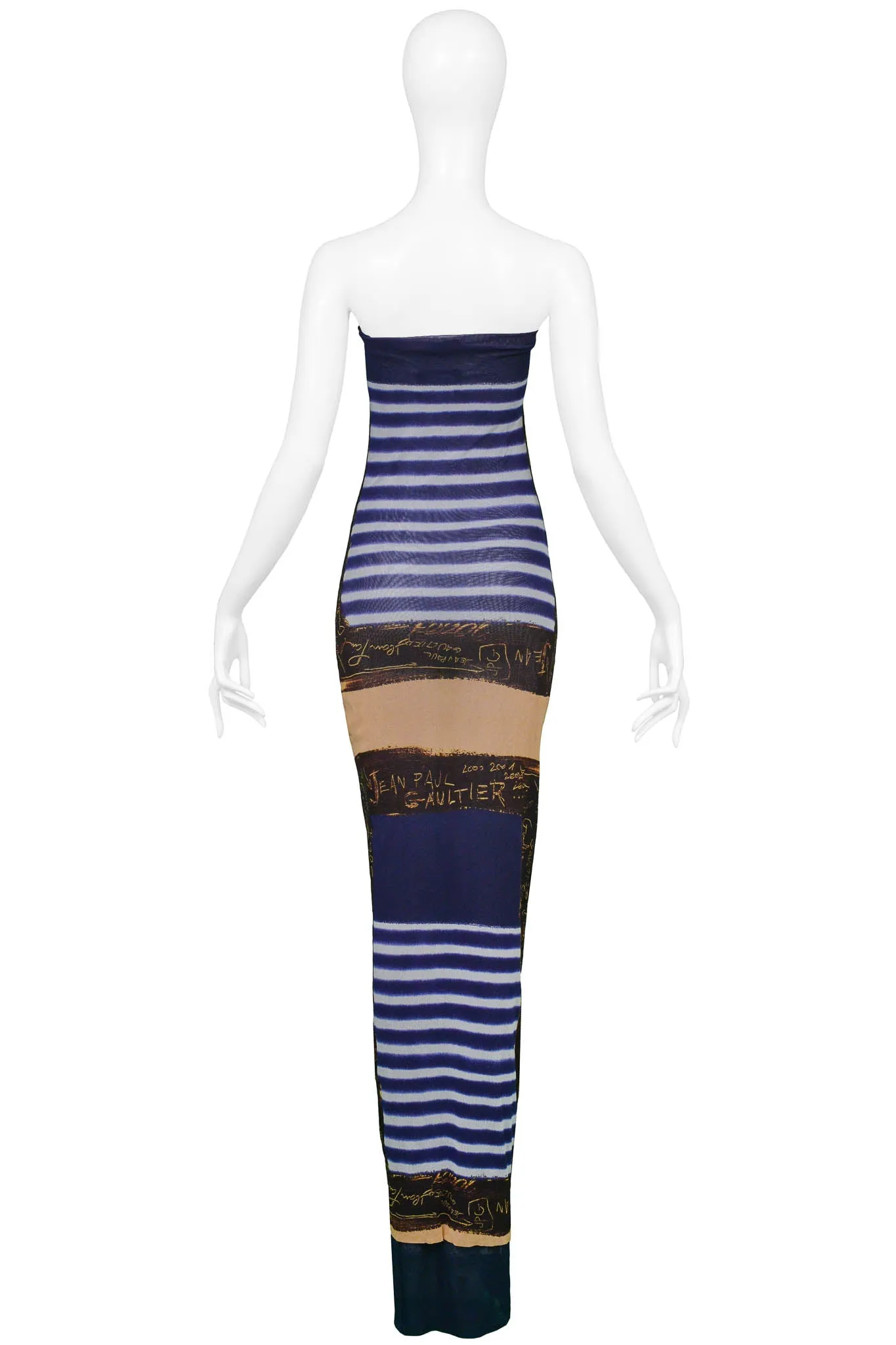 JEAN PAUL GAULTIER FRENCH NAUTICAL STRIPED MESH DRESS WITH SIGNATURE PRINT 2001