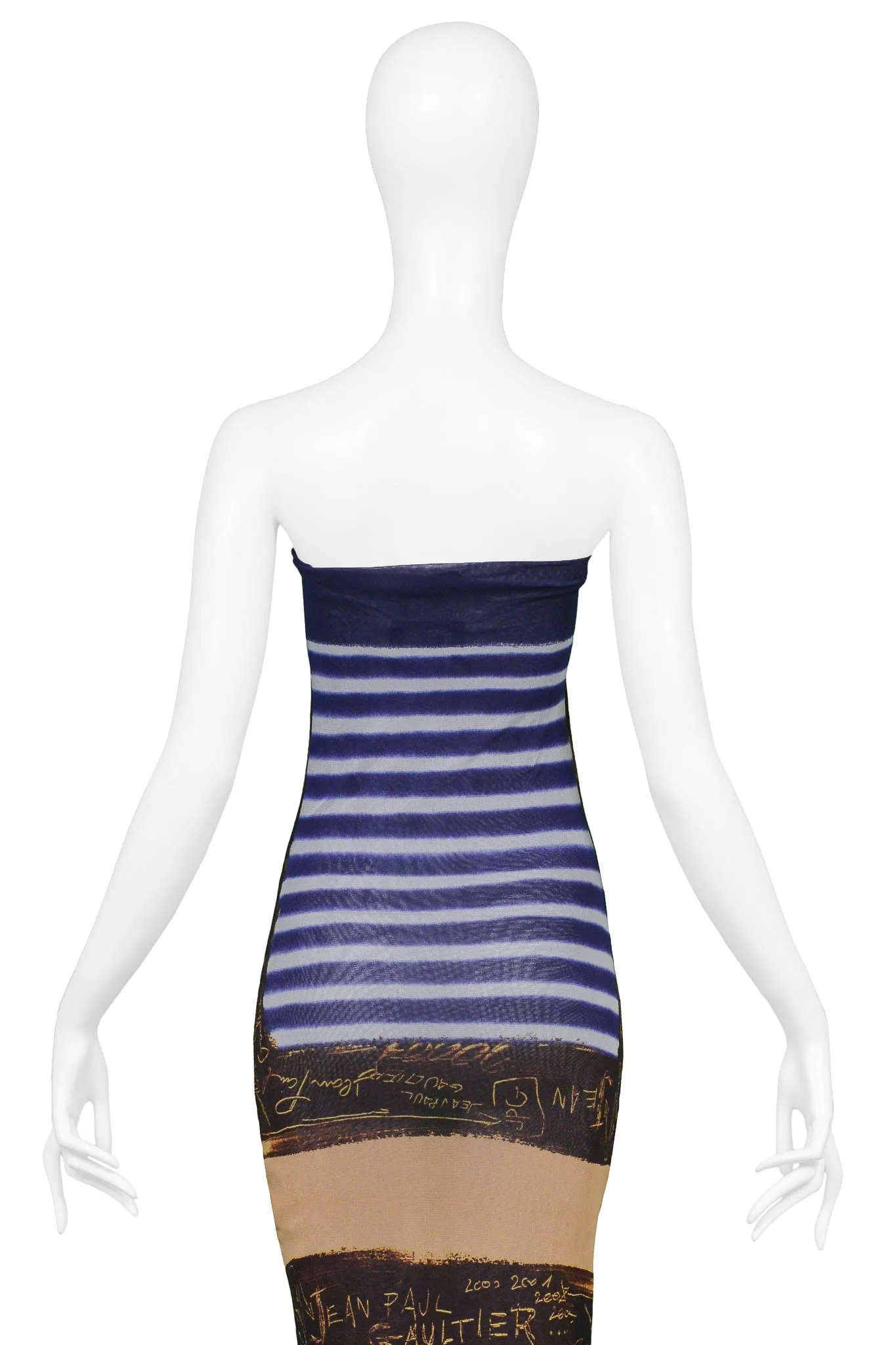 JEAN PAUL GAULTIER FRENCH NAUTICAL STRIPED MESH DRESS WITH SIGNATURE PRINT 2001