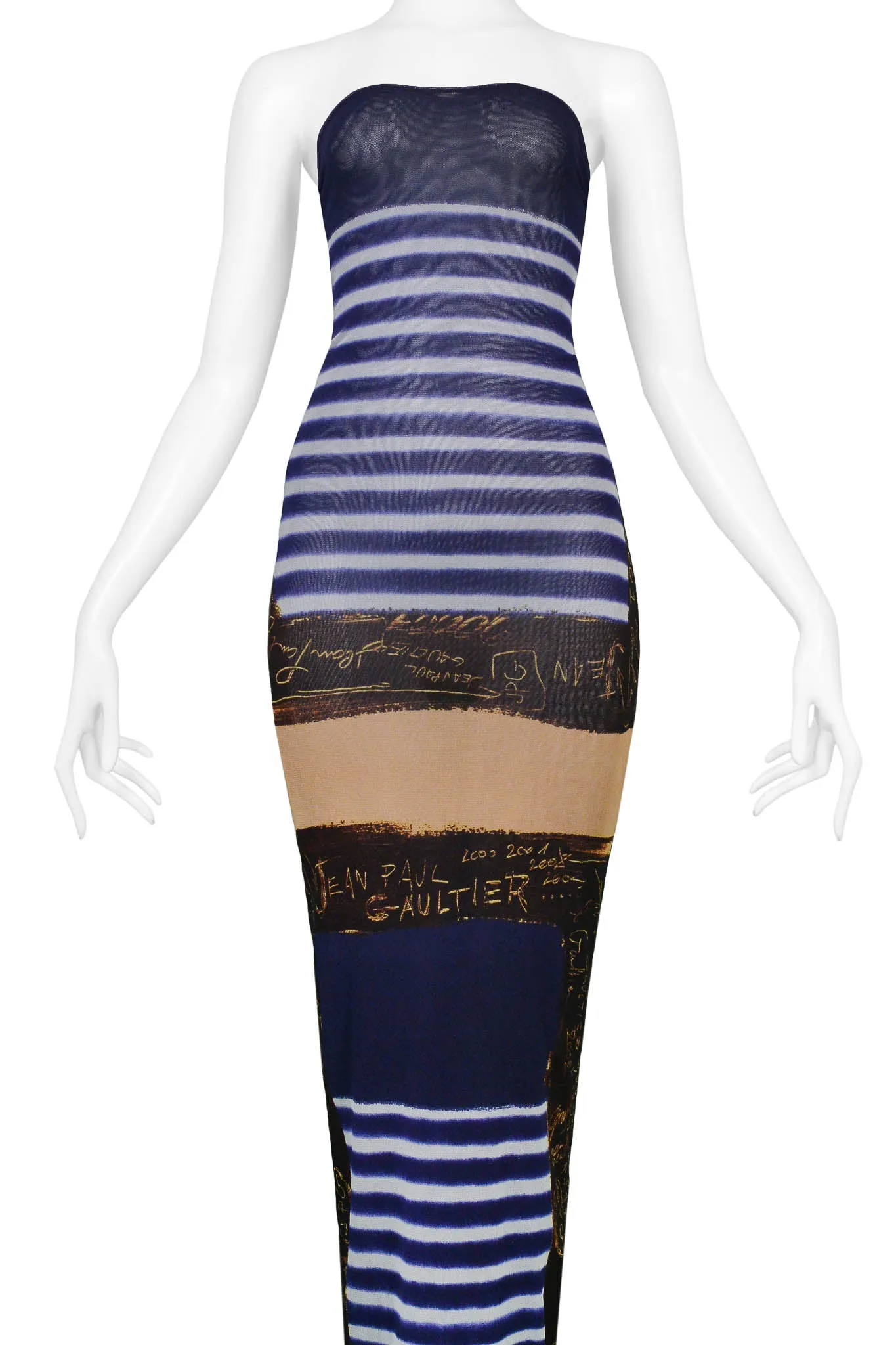 JEAN PAUL GAULTIER FRENCH NAUTICAL STRIPED MESH DRESS WITH SIGNATURE PRINT 2001