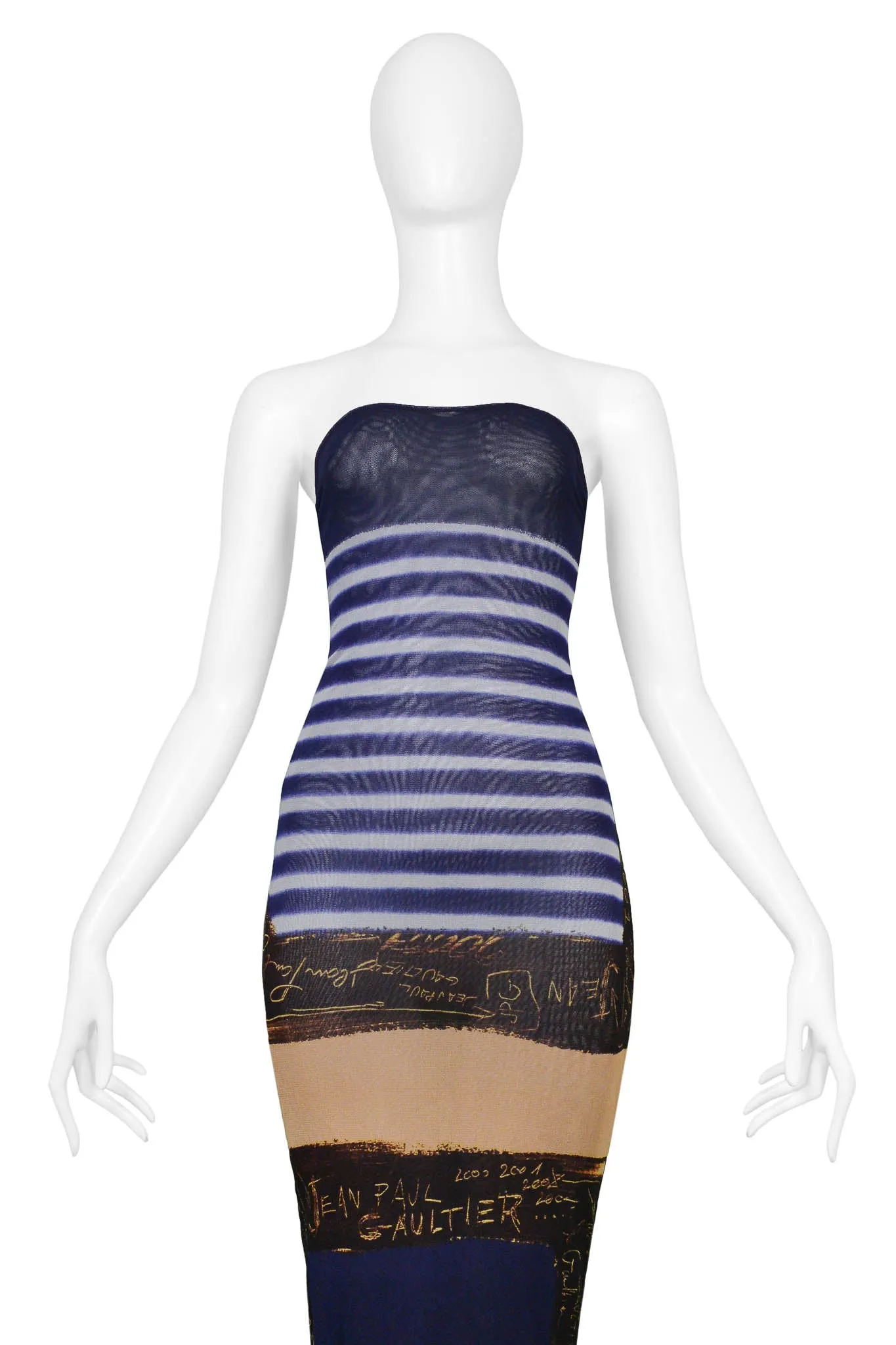 JEAN PAUL GAULTIER FRENCH NAUTICAL STRIPED MESH DRESS WITH SIGNATURE PRINT 2001