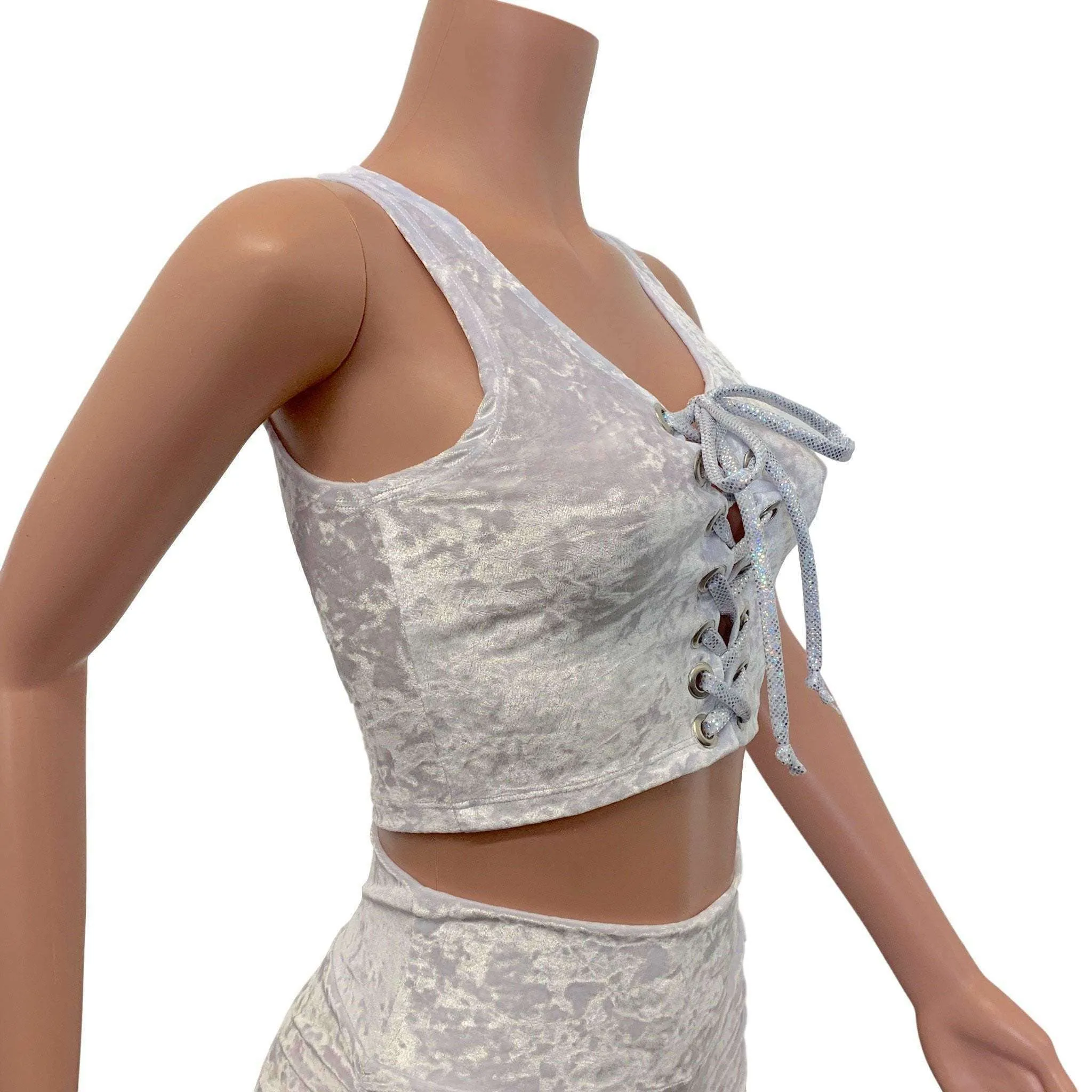 Lace-Up Crop Top - White Crushed Velvet & Silver Holo