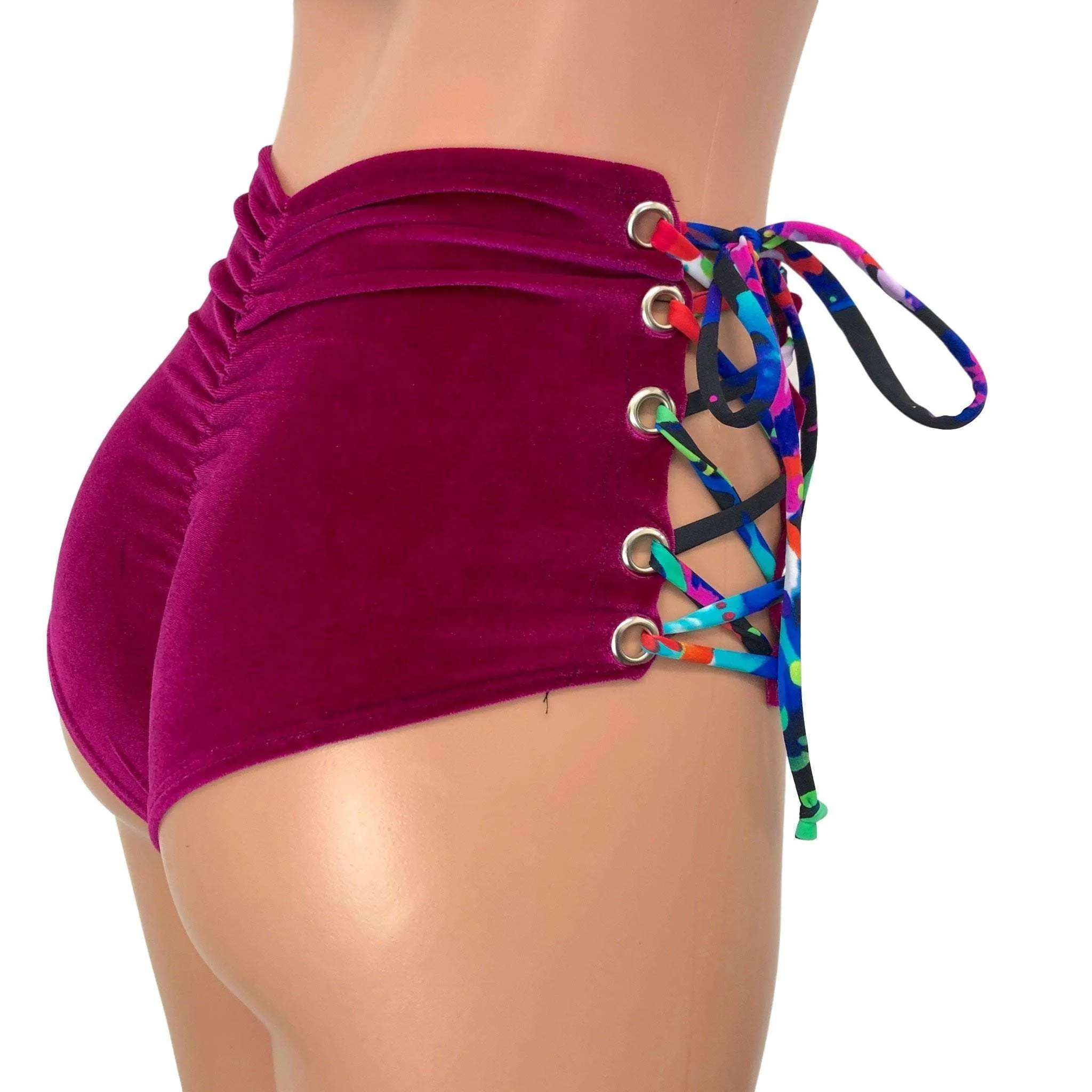 Lace-Up High Waist Scrunch Bikini - Fuchsia Pink Velvet