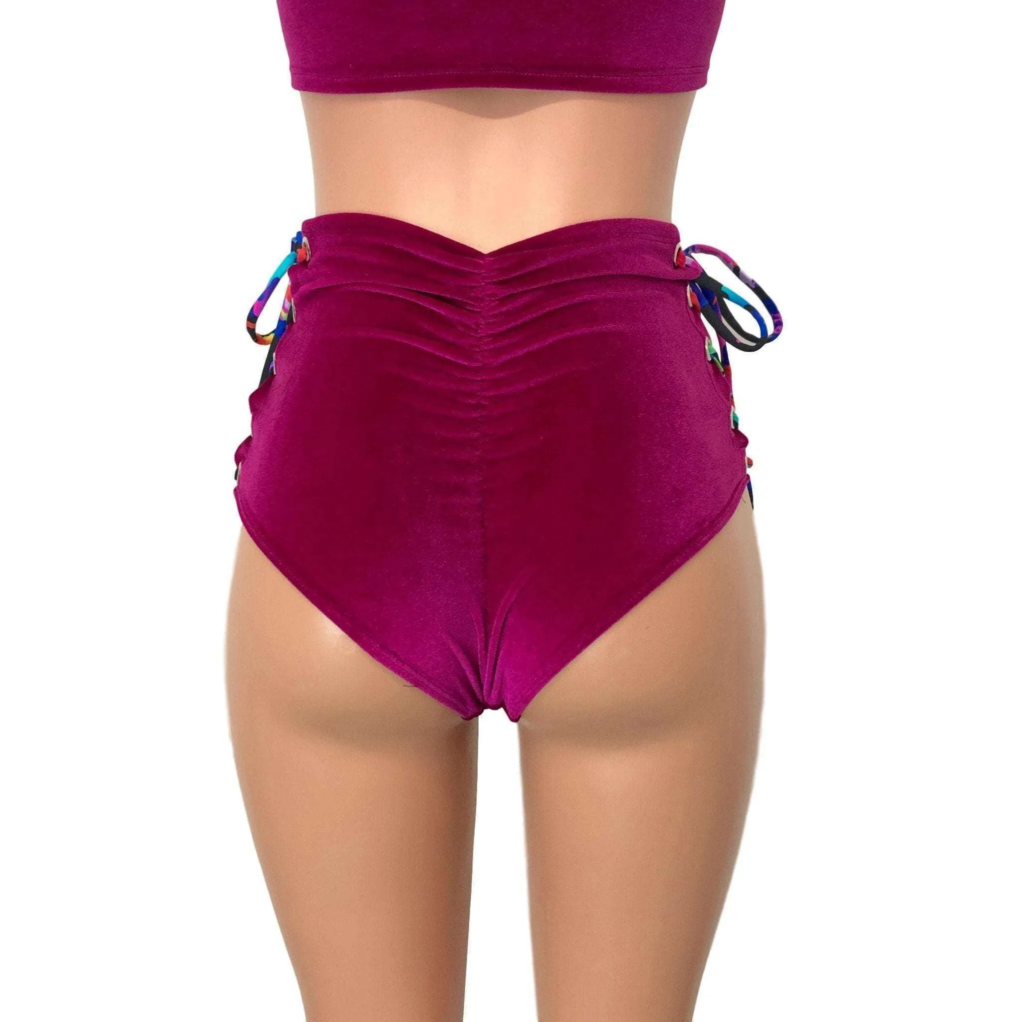 Lace-Up High Waist Scrunch Bikini - Fuchsia Pink Velvet