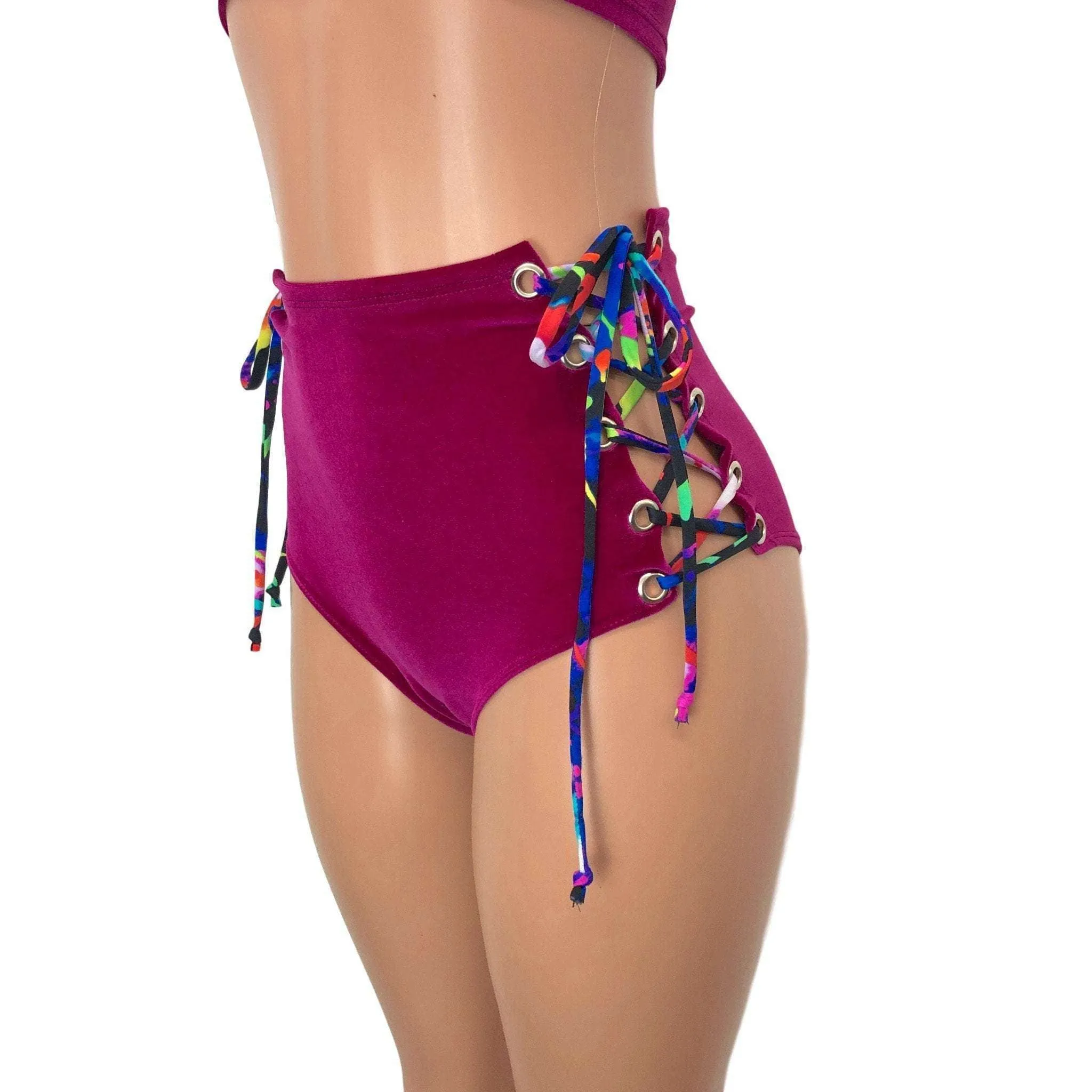 Lace-Up High Waist Scrunch Bikini - Fuchsia Pink Velvet