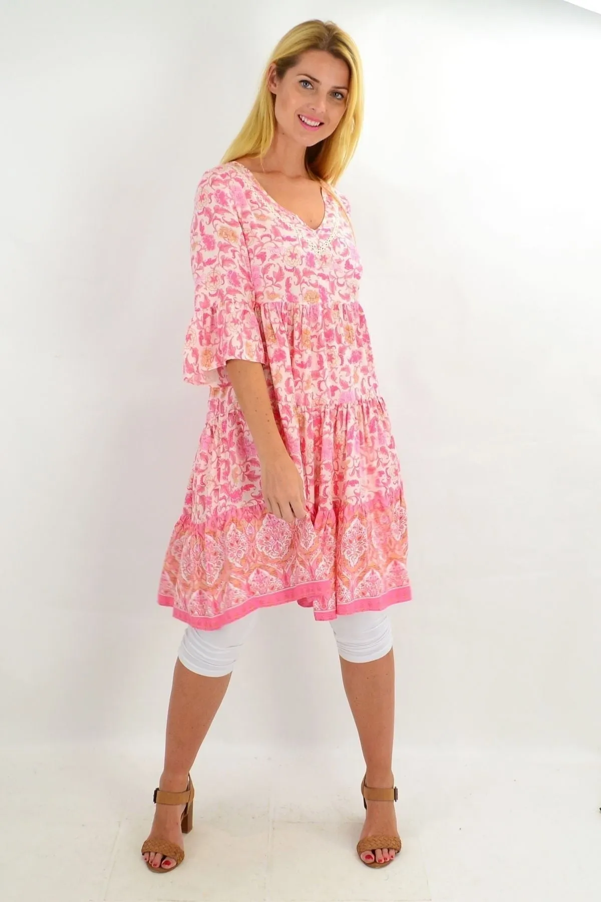 Leafy Pink Tiered Tunic Dress