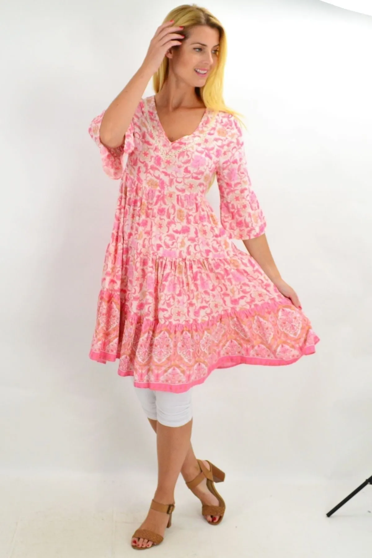 Leafy Pink Tiered Tunic Dress