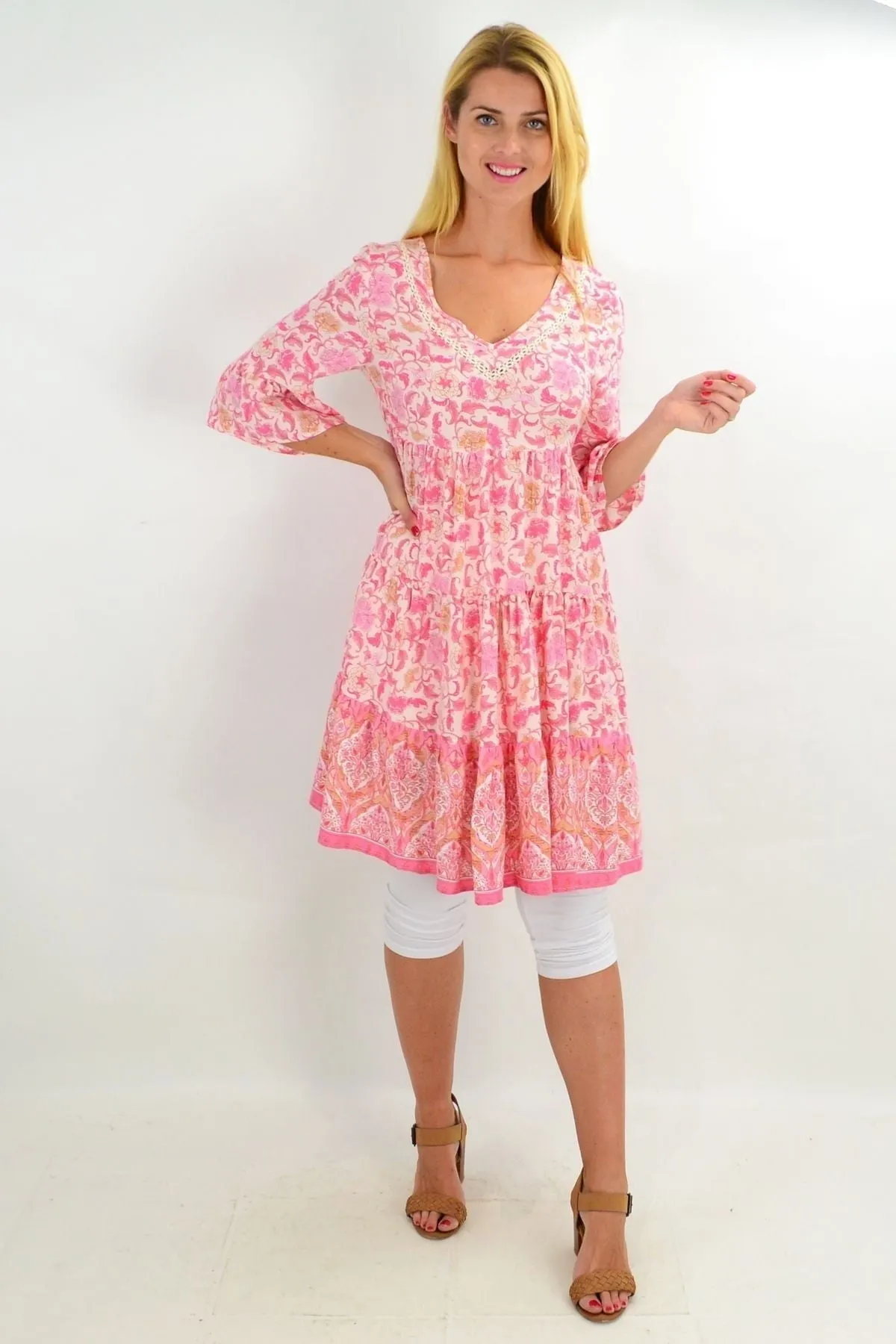 Leafy Pink Tiered Tunic Dress