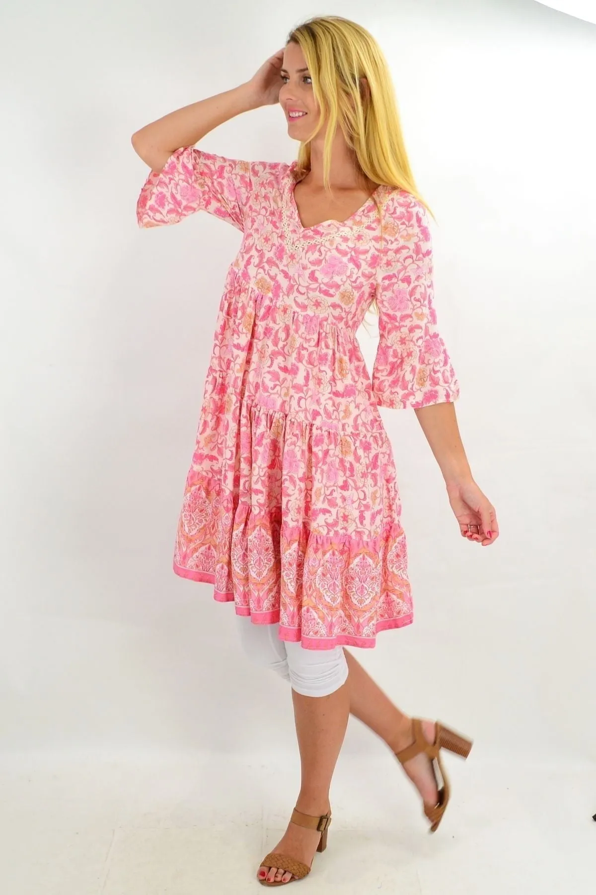 Leafy Pink Tiered Tunic Dress