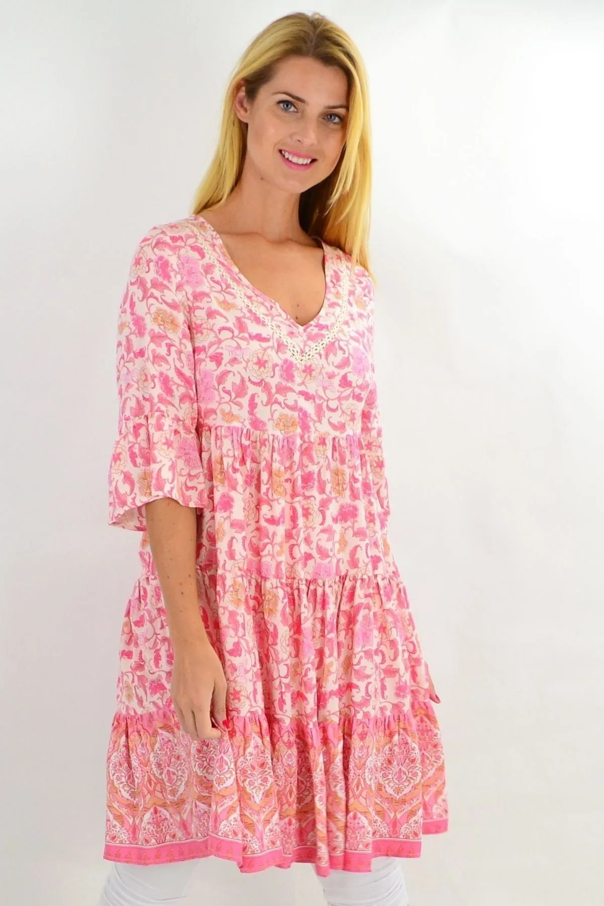 Leafy Pink Tiered Tunic Dress