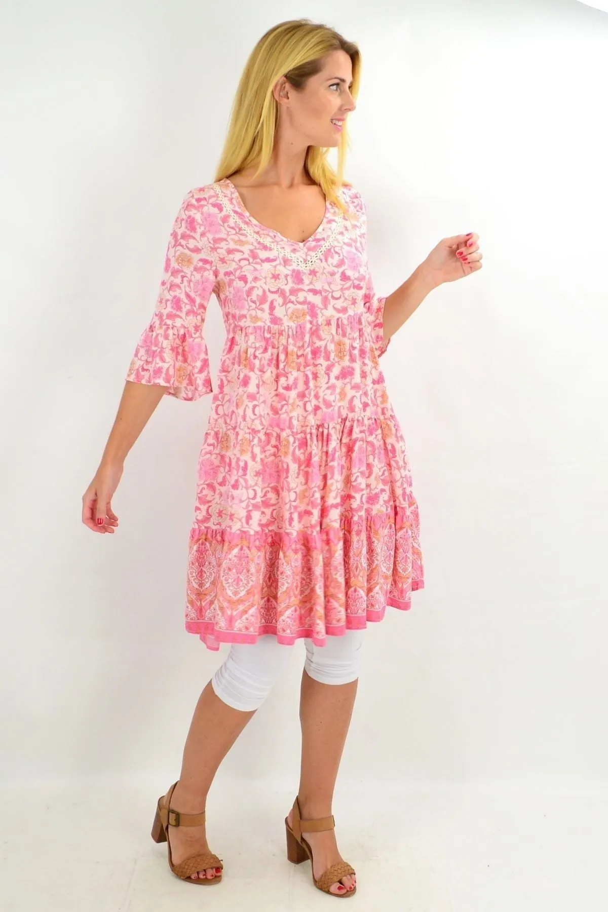 Leafy Pink Tiered Tunic Dress