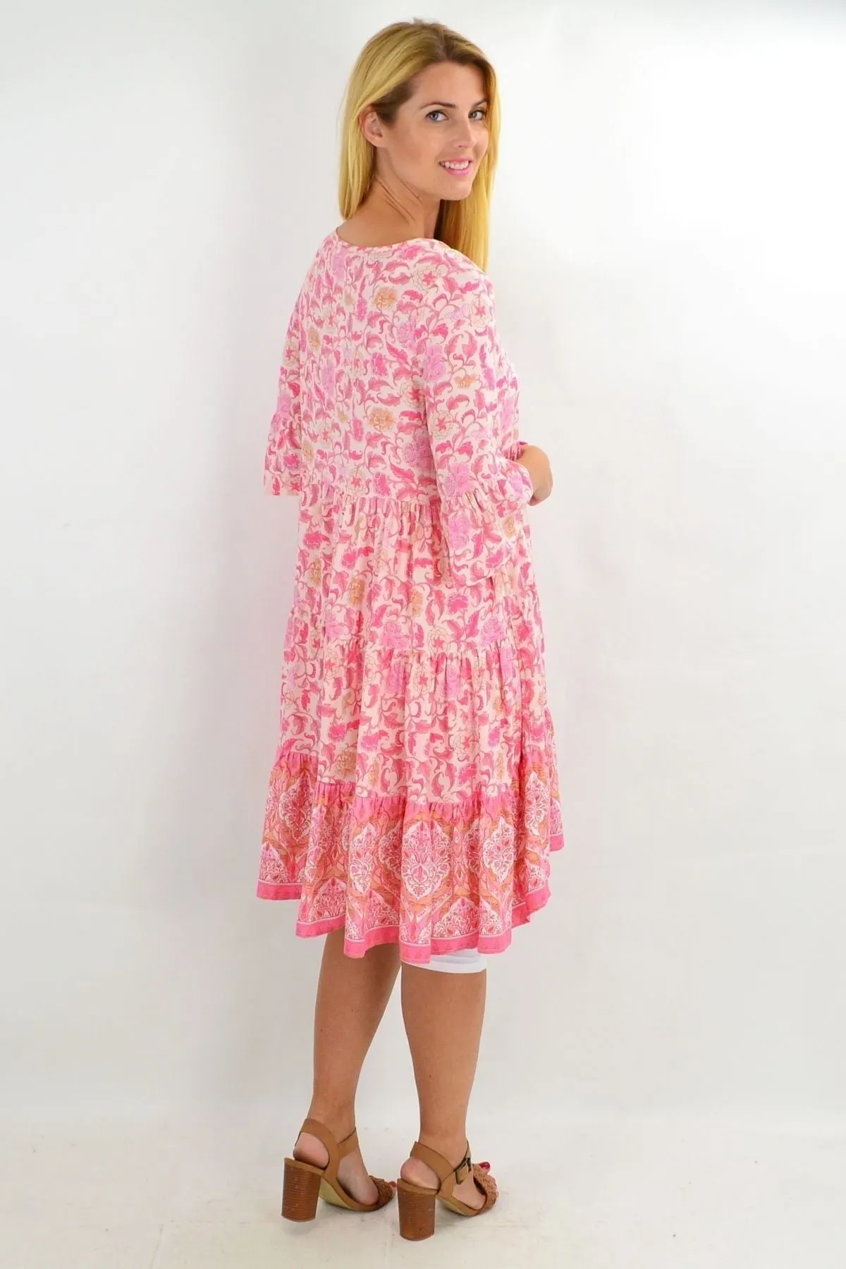 Leafy Pink Tiered Tunic Dress