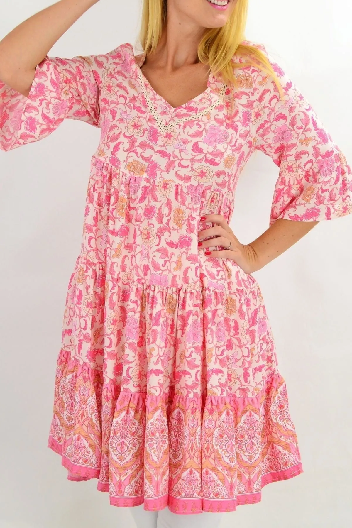 Leafy Pink Tiered Tunic Dress