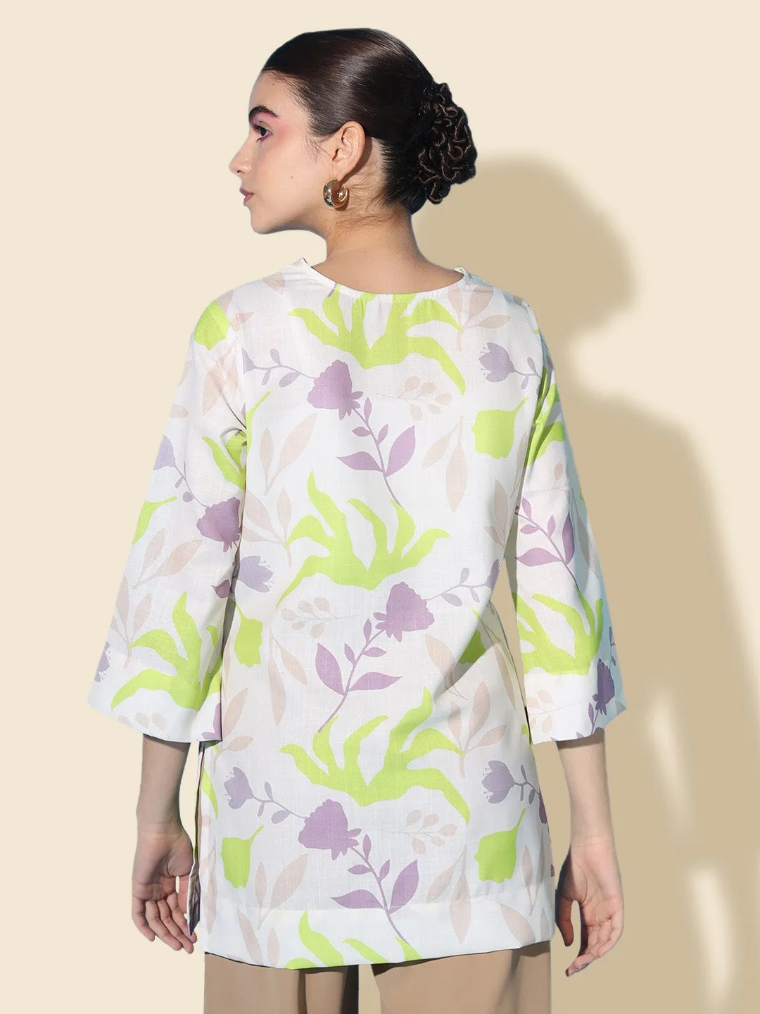 Leafy Printed Linen V-Neck Tunic