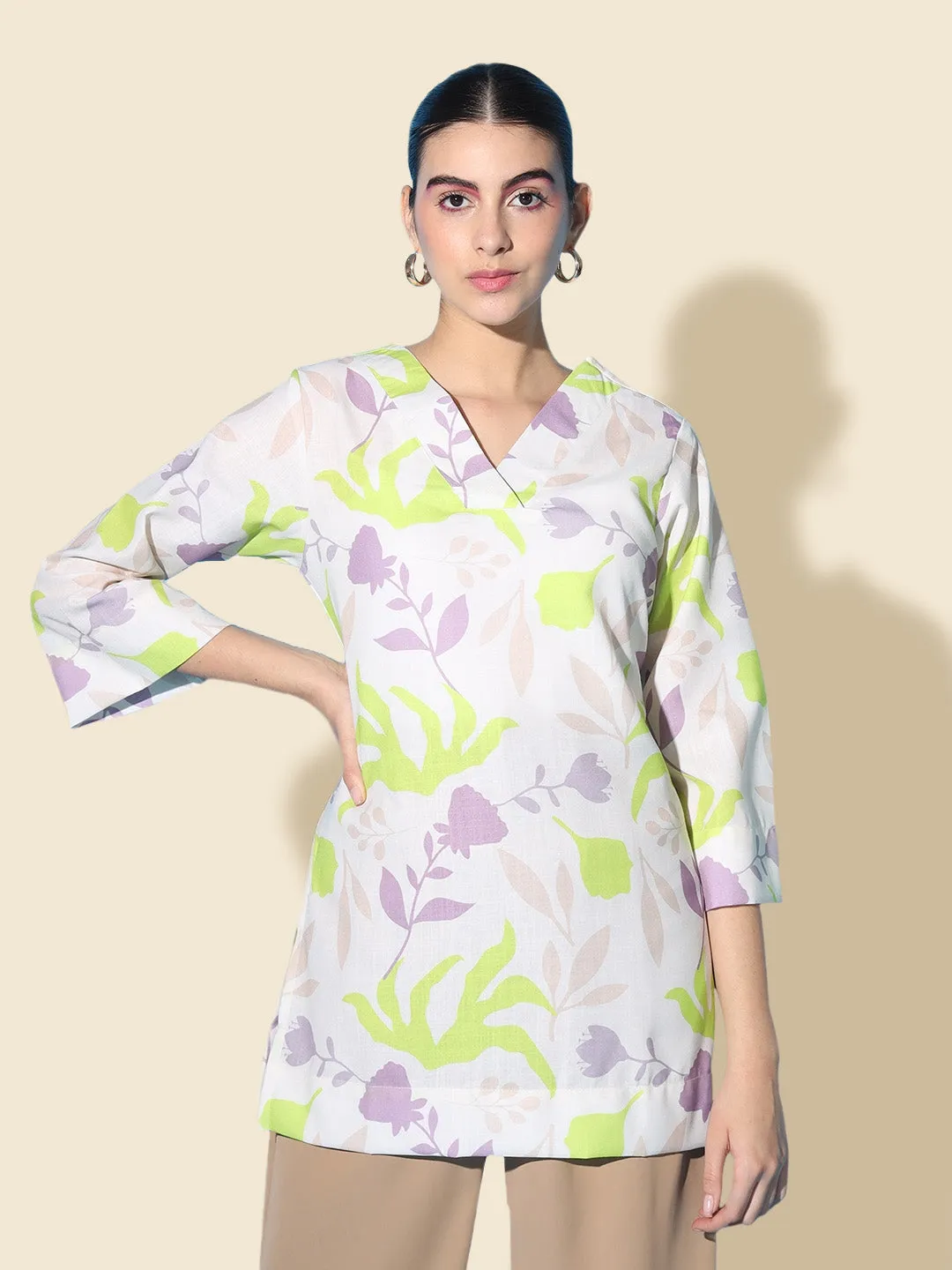 Leafy Printed Linen V-Neck Tunic