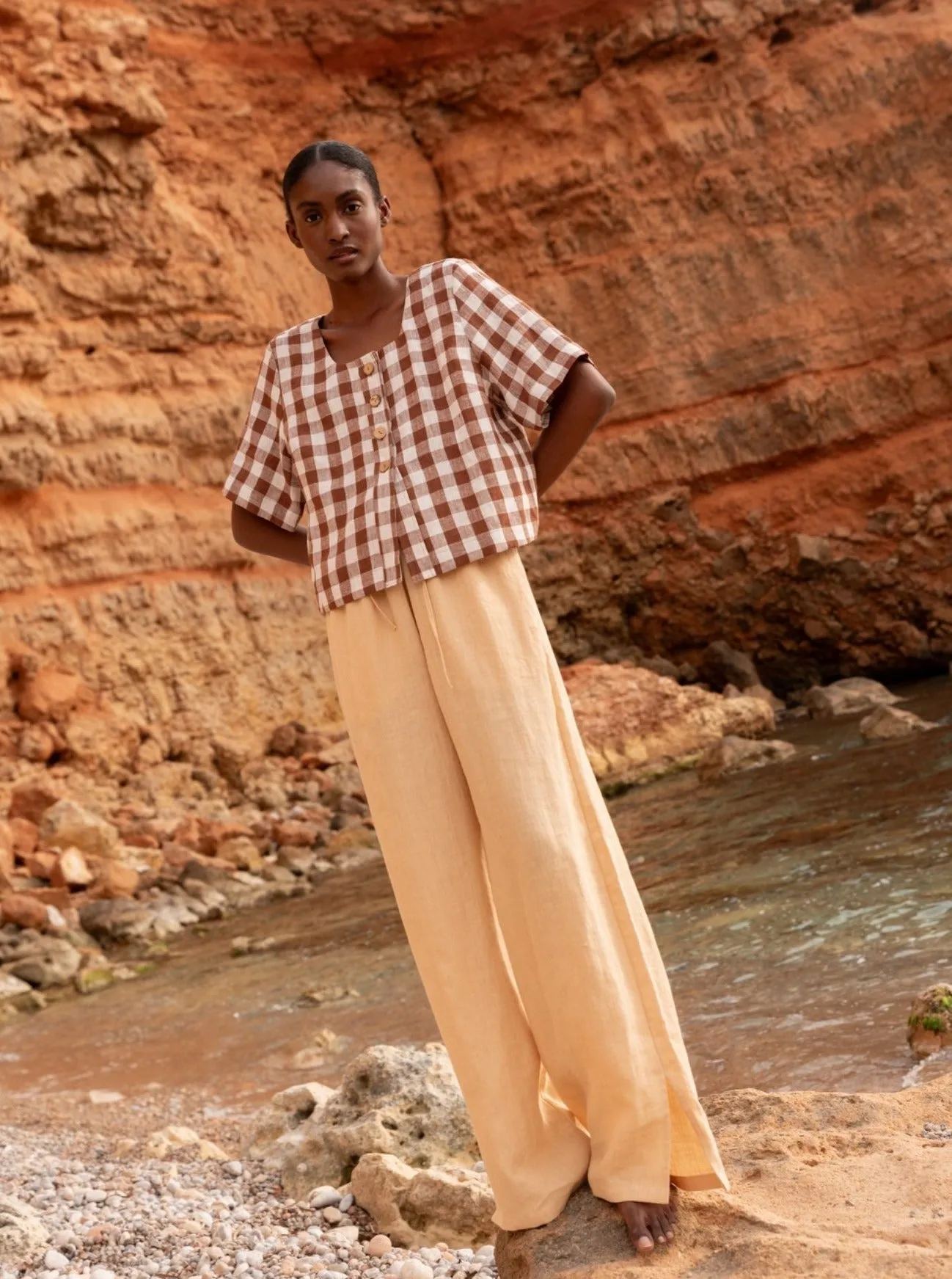 Leah Wide Linen Pants with Slits - Mustard