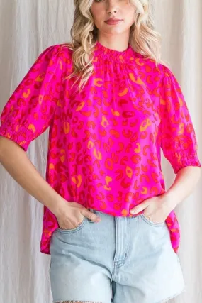 Leopard Print Smocked Neck Top- Hot Pink