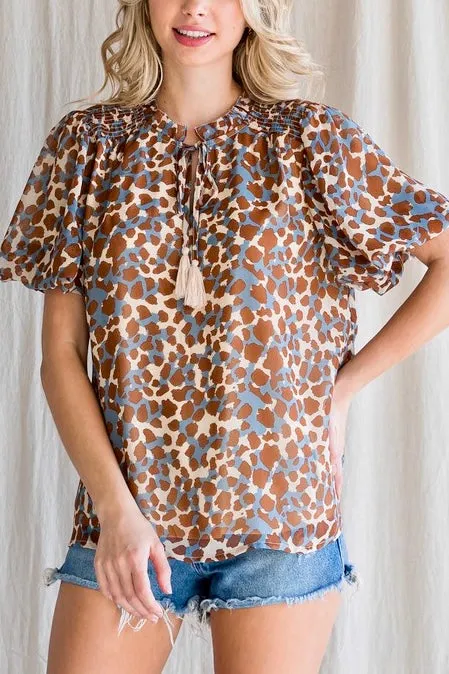 Leopard Print Top with Tassel Tie- Brown & Blue Mix