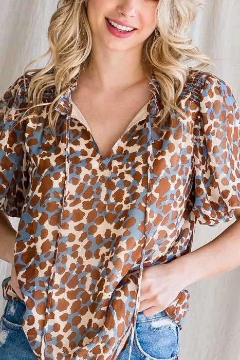 Leopard Print Top with Tassel Tie- Brown & Blue Mix