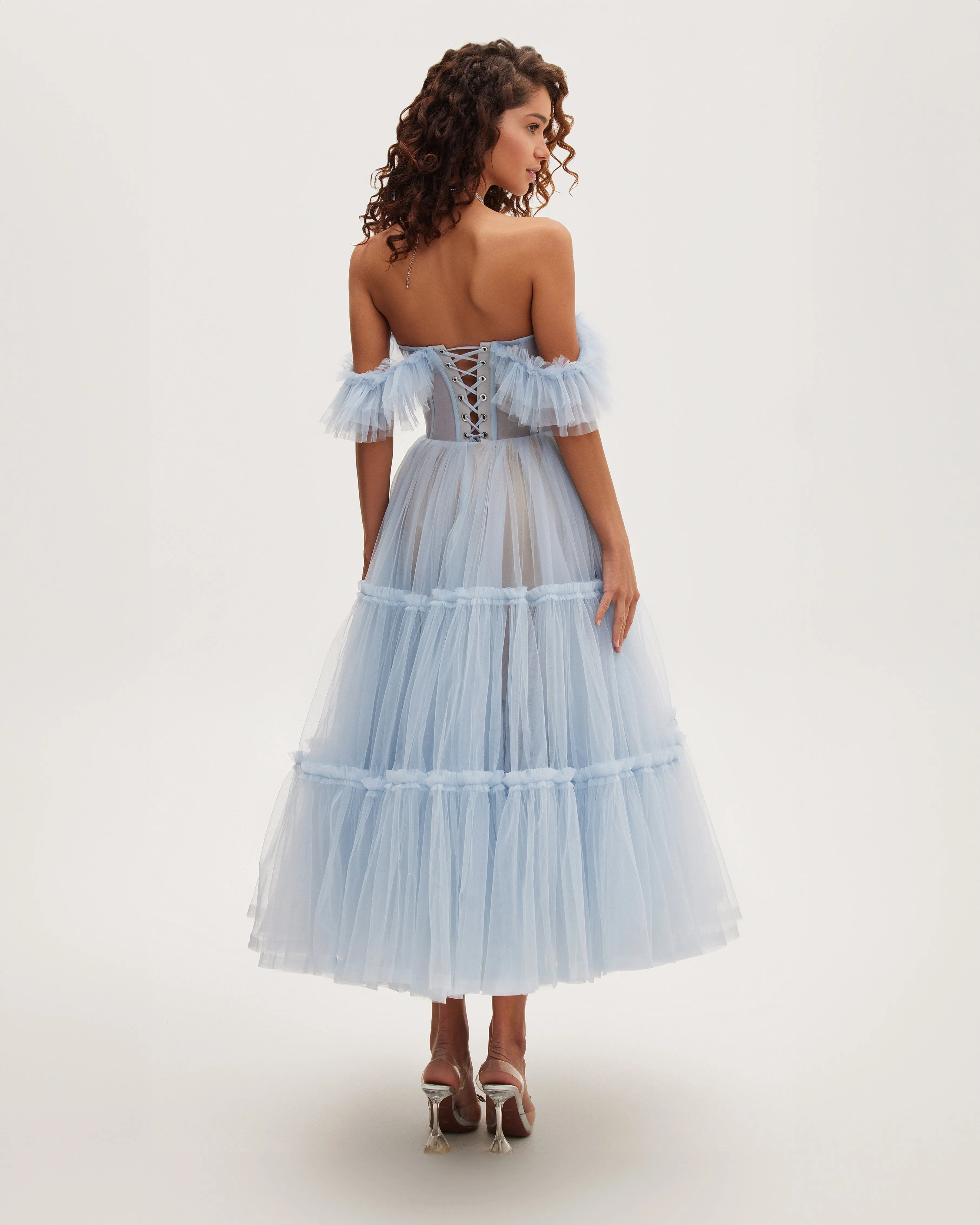 Light Blue Ruffled Tulle Midi Dress