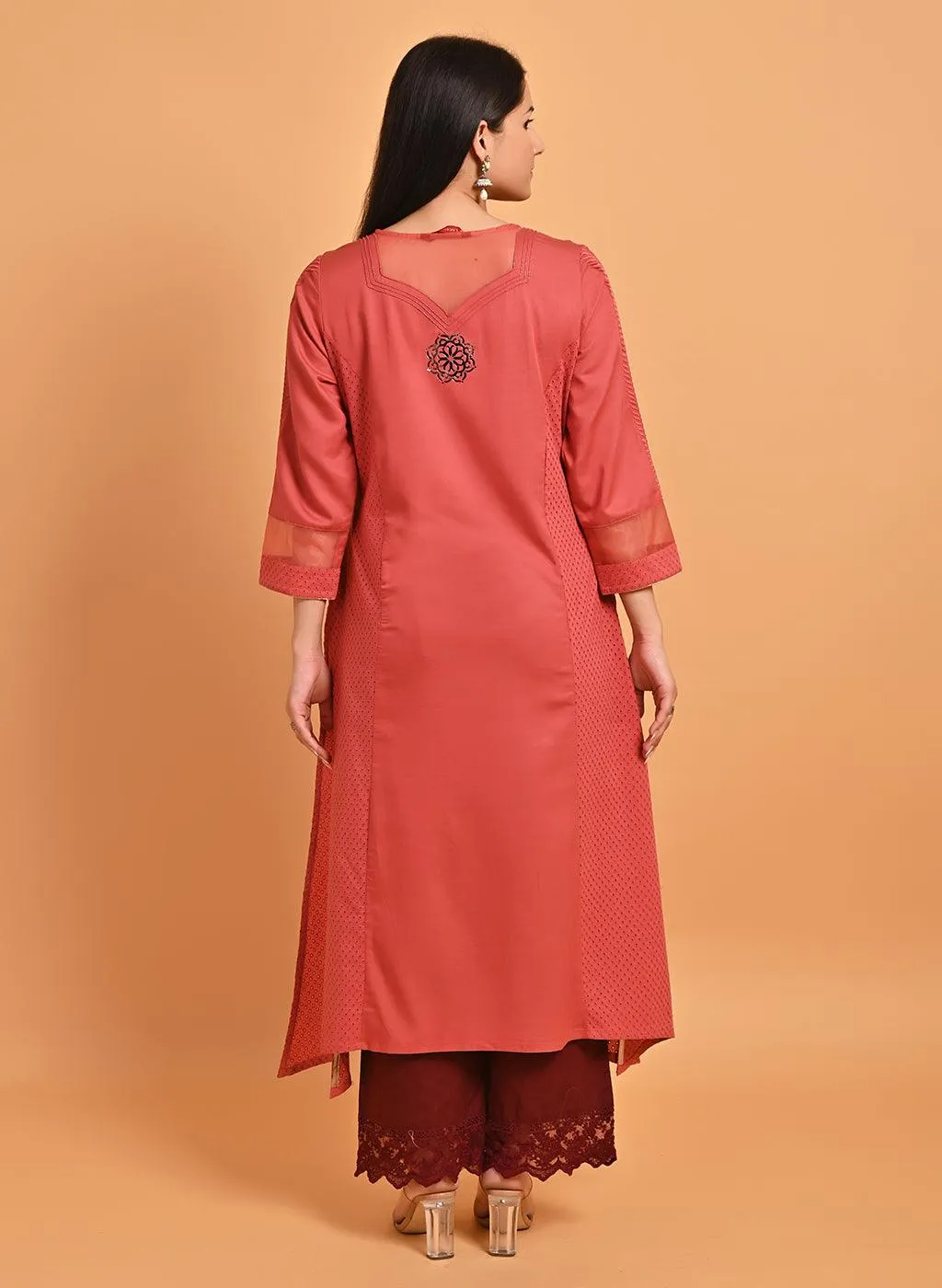 Light Maroon Embroidered Cotton Kurta with 3/4th Sleeves and Asymmetrical Hem