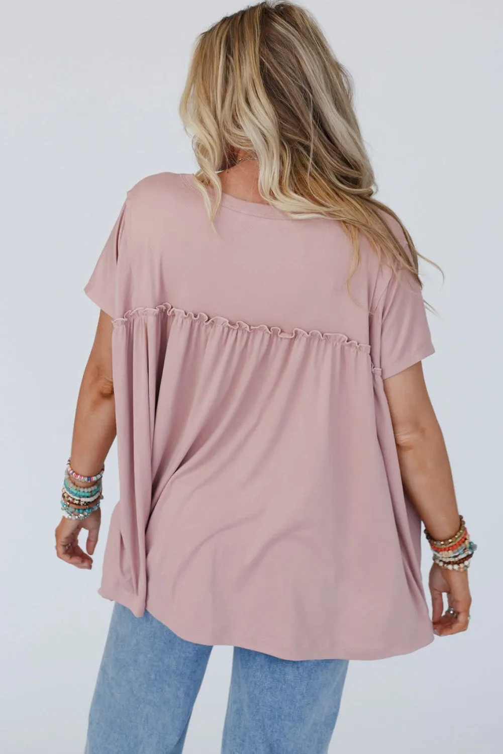 Light Pink Ruffled Trim Loose Babydoll Tee