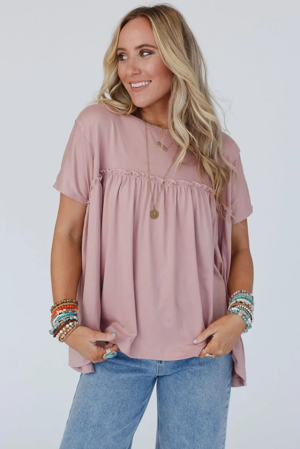 Light Pink Ruffled Trim Loose Babydoll Tee